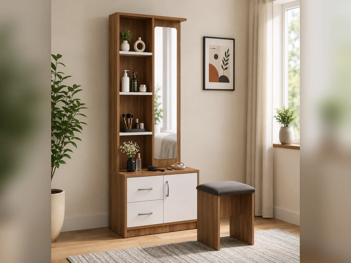 Dressing Table with Mirror, 2 Drawers & Stool